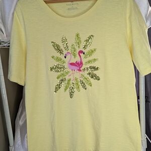 Talbots Pale Yellow Short-Sleeve Tee with Pink Sequin Flamingos A-1011
